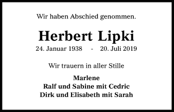 Anzeige von Herbert Lipki von Kölner Stadt-Anzeiger / Kölnische Rundschau / Express