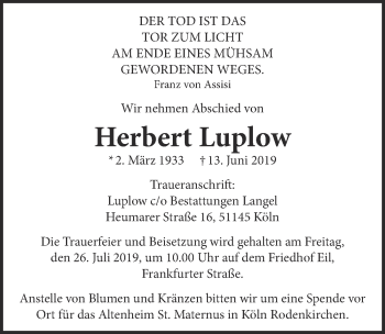 Anzeige von Herbert Luplow von  Kölner Wochenspiegel 