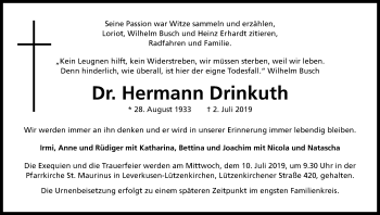 Anzeige von Hermann Drinkuth von Kölner Stadt-Anzeiger / Kölnische Rundschau / Express