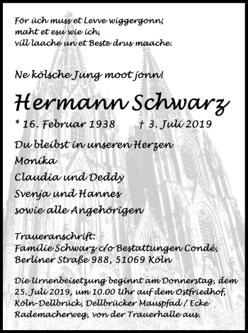 Anzeige von Hermann Schwarz von Kölner Stadt-Anzeiger / Kölnische Rundschau / Express