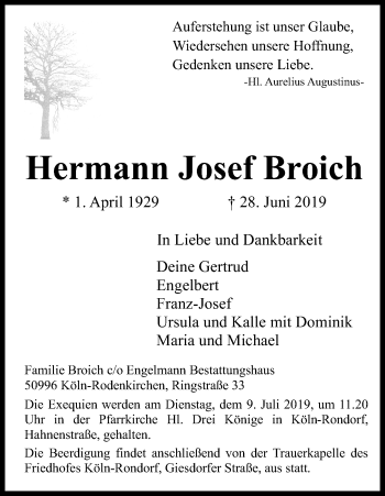 Anzeige von Hermann Josef Broich von Kölner Stadt-Anzeiger / Kölnische Rundschau / Express