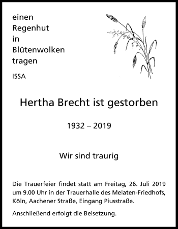 Anzeige von Hertha Brecht von Kölner Stadt-Anzeiger / Kölnische Rundschau / Express