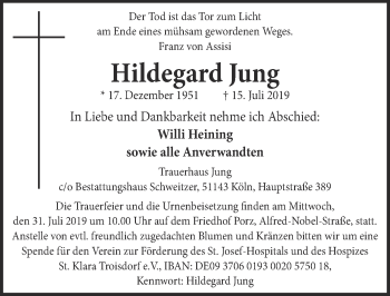 Anzeige von Hildegard Jung von  Kölner Wochenspiegel 