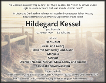 Anzeige von Hildegard Kessel von  Extra Blatt 