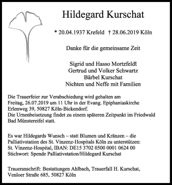 Anzeige von Hildegard Kurschat von Kölner Stadt-Anzeiger / Kölnische Rundschau / Express