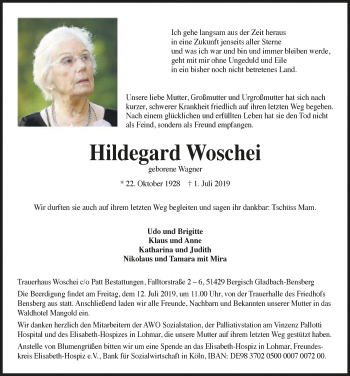 Anzeige von Hildegard Woschei von  Bergisches Sonntagsblatt 