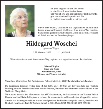 Anzeige von Hildegard Woschei von Kölner Stadt-Anzeiger / Kölnische Rundschau / Express