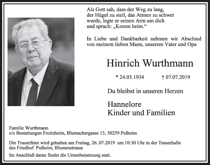  Traueranzeige für Hinrich Wurthmann vom 13.07.2019 aus  Sonntags-Post 