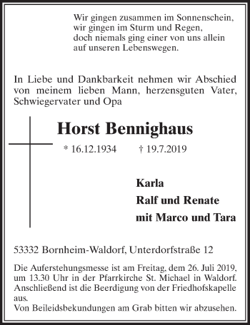 Anzeige von Horst Bennighaus von  Schaufenster/Blickpunkt  Schlossbote/Werbekurier 
