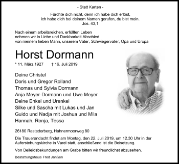 Anzeige von Horst Dormann von Kölner Stadt-Anzeiger / Kölnische Rundschau / Express