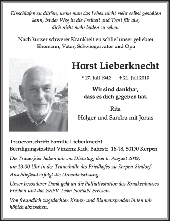 Anzeige von Horst Lieberknecht von  Sonntags-Post 
