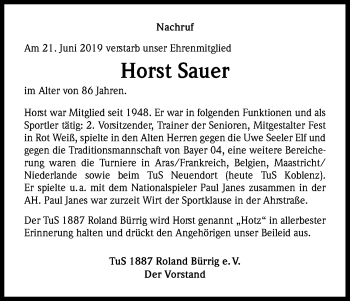 Anzeige von Horst Sauer von Kölner Stadt-Anzeiger / Kölnische Rundschau / Express