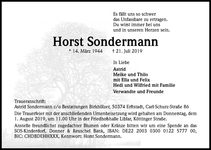  Traueranzeige für Horst Sondermann vom 27.07.2019 aus Kölner Stadt-Anzeiger / Kölnische Rundschau / Express