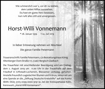 Anzeige von Horst-Willi Vonnemann von Kölner Stadt-Anzeiger / Kölnische Rundschau / Express