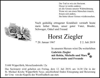 Anzeige von Horst Ziegler von Kölner Stadt-Anzeiger / Kölnische Rundschau / Express