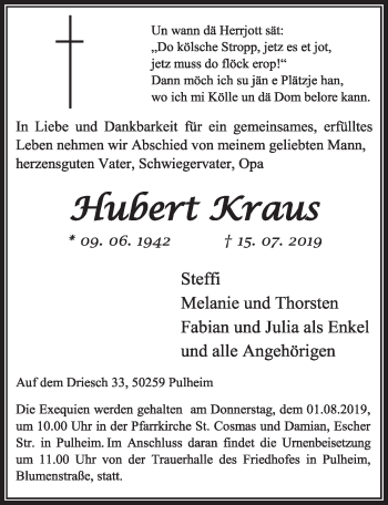 Anzeige von Hubert Kraus von  Sonntags-Post 