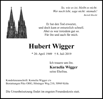 Anzeige von Hubert Wigger von Kölner Stadt-Anzeiger / Kölnische Rundschau / Express