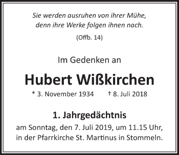 Anzeige von Hubert Wißkirchen von  Sonntags-Post 