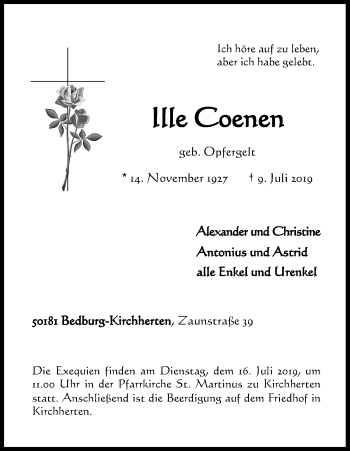 Anzeige von Ille Coenen von Kölner Stadt-Anzeiger / Kölnische Rundschau / Express