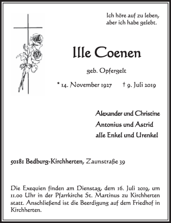 Anzeige von Ille Coenen von  Sonntags-Post 