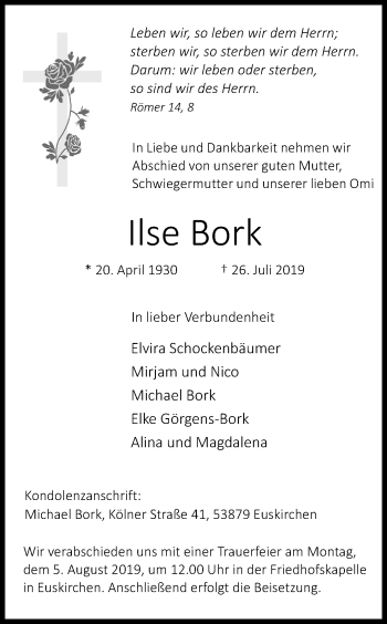 Anzeige von Ilse Bork von Kölner Stadt-Anzeiger / Kölnische Rundschau / Express