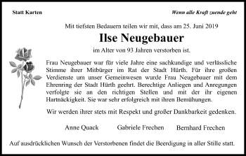 Anzeige von Ilse Neugebauer von Kölner Stadt-Anzeiger / Kölnische Rundschau / Express