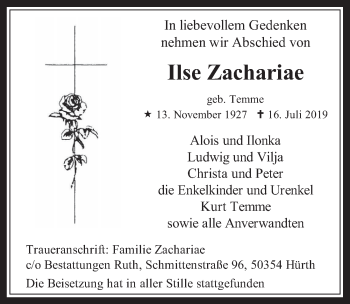 Anzeige von Ilse Zachariae von  Wochenende 