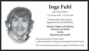 Anzeige von Inge Fuhl von  Wochenende 