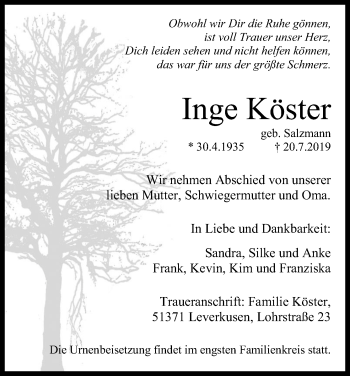 Anzeige von Inge Köster von Kölner Stadt-Anzeiger / Kölnische Rundschau / Express