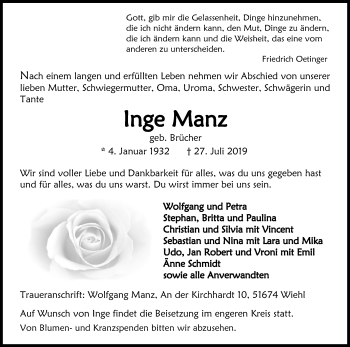 Anzeige von Inge Manz von Kölner Stadt-Anzeiger / Kölnische Rundschau / Express