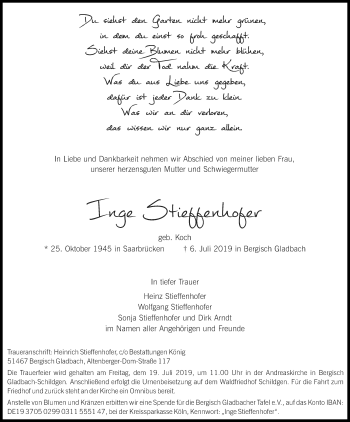 Anzeige von Inge Stieffenhofer von Kölner Stadt-Anzeiger / Kölnische Rundschau / Express