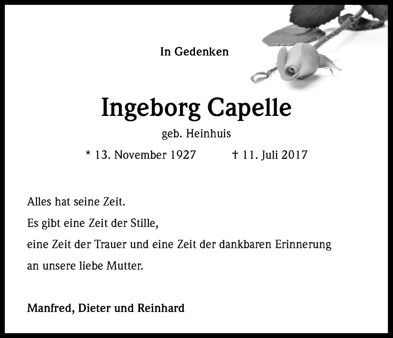  Traueranzeige für Ingeborg Capelle vom 11.07.2019 aus Kölner Stadt-Anzeiger / Kölnische Rundschau / Express
