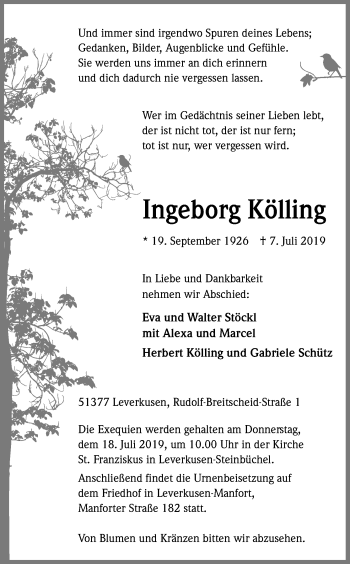 Anzeige von Ingeborg Kölling von Kölner Stadt-Anzeiger / Kölnische Rundschau / Express