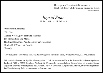 Anzeige von Ingrid Sina von Kölner Stadt-Anzeiger / Kölnische Rundschau / Express