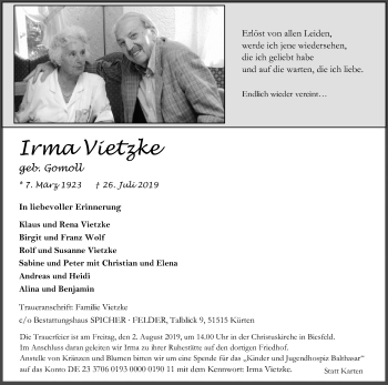 Anzeige von Irma Vietzke von Kölner Stadt-Anzeiger / Kölnische Rundschau / Express