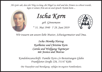 Anzeige von Ischa Kern von Kölner Stadt-Anzeiger / Kölnische Rundschau / Express