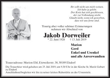 Anzeige von Jakob Dorweiler von  Werbepost 