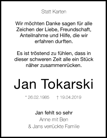 Anzeige von Jan Tokarski von Kölner Stadt-Anzeiger / Kölnische Rundschau / Express