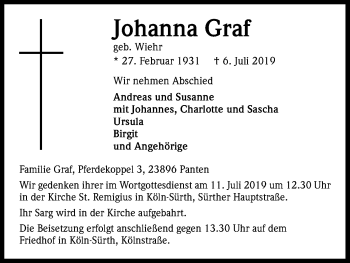 Anzeige von Johanna Graf von Kölner Stadt-Anzeiger / Kölnische Rundschau / Express