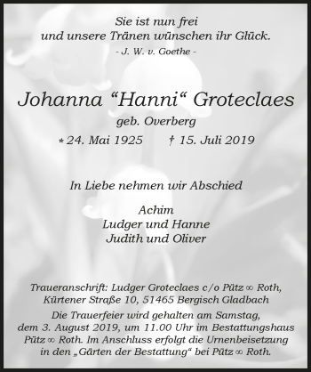 Anzeige von Johanna Groteclaes von  Bergisches Handelsblatt 