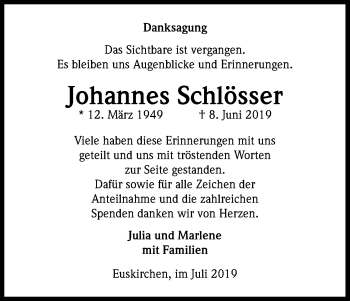 Anzeige von Johannes Schlösser von Kölner Stadt-Anzeiger / Kölnische Rundschau / Express