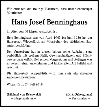 Anzeige von Josef Benninghaus von Kölner Stadt-Anzeiger / Kölnische Rundschau / Express