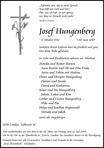 Anzeige von Josef Hungenberg von Kölner Stadt-Anzeiger / Kölnische Rundschau / Express