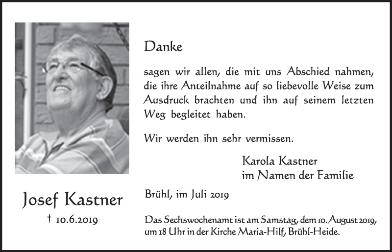  Traueranzeige für Josef Kastner vom 31.07.2019 aus  Schlossbote/Werbekurier 
