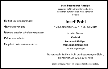 Anzeige von Josef Pohl von  Kölner Wochenspiegel  Extra Blatt 