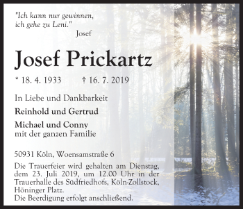 Anzeige von Josef Prickartz von Kölner Stadt-Anzeiger / Kölnische Rundschau / Express