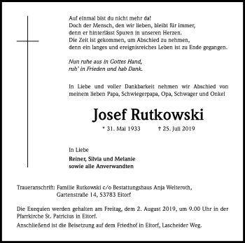 Anzeige von Josef Rutkowski von Kölner Stadt-Anzeiger / Kölnische Rundschau / Express