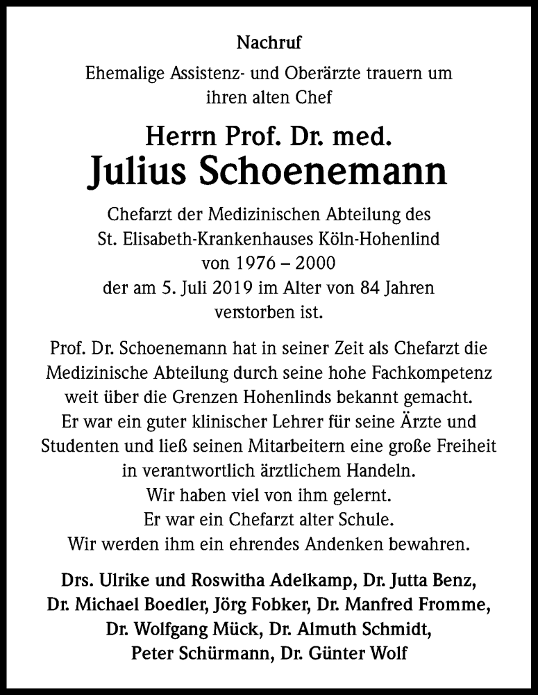  Traueranzeige für Julius Schoenemann vom 13.07.2019 aus Kölner Stadt-Anzeiger / Kölnische Rundschau / Express