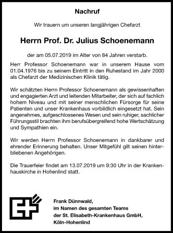 Anzeige von Julius Schoenemann von Kölner Stadt-Anzeiger / Kölnische Rundschau / Express
