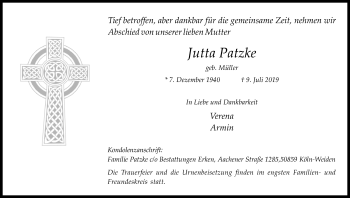 Anzeige von Jutta Patzke von Kölner Stadt-Anzeiger / Kölnische Rundschau / Express